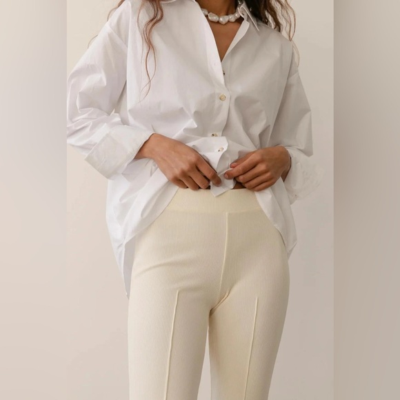 DONNI. The Rib Kick Flare Ribbed Pintuck High Rise Pants in Creme Size Medium - Picture 2 of 8